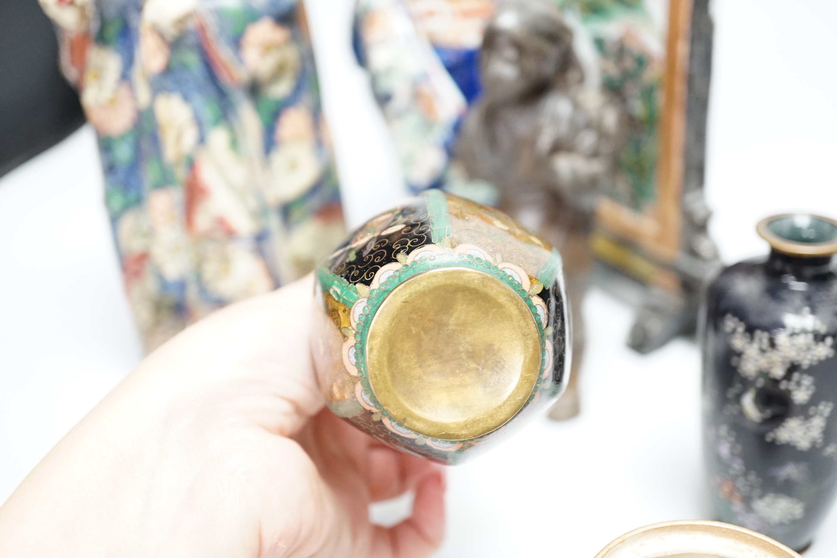A collection of Japanese figures and three cloisonné enamel vases etc (7) including a Kutani group of two bijin by a table screen, tallest 28cm